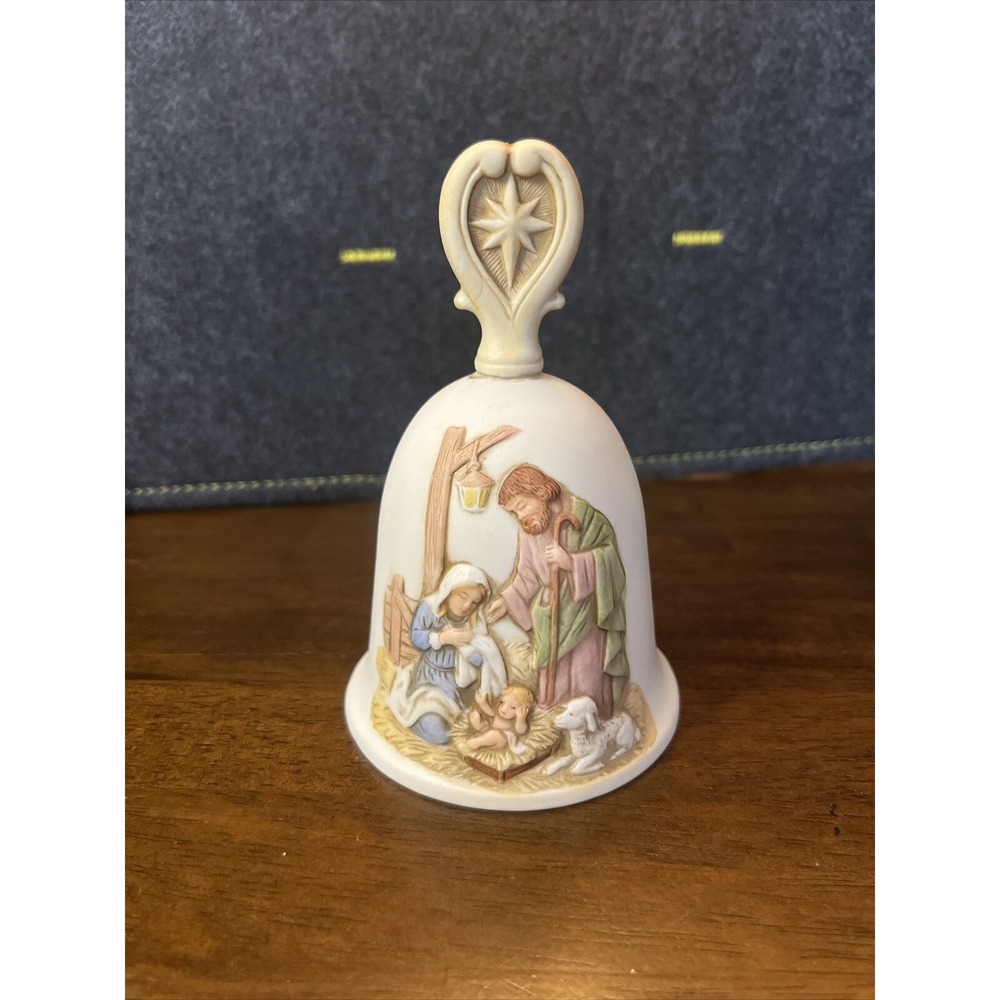 Vintage HOMCO Bisque Porcelain Nativity Scene Christmas Bell #5558